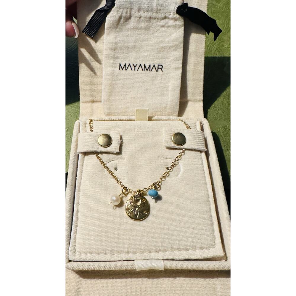 MAYAMAR Gold Sand Dollar Necklace 21” Adjustable w/ Pearl & Turquoise NWT - Picture 4 of 6